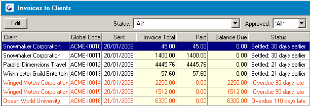 invoices to clients window